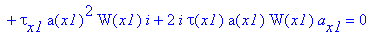 eq9 := 2*I*tau(x1)*a(x1)^2*W[x1]-W(x1)*(2*tau(x1)*a(x1)^4*b[x1]-tau(x1)/k-4*a(x1)^4*b(x1)^2*tau(x1)/k+1/4*2^(1/2)*kappa*tau(x1)*a(x1)^2*W(x1)*`W*`(x1)-4*K*tau(x1)*a(x1)^4/wp^2+1/2*tau(x1)^3*a(x1)^2*psi...