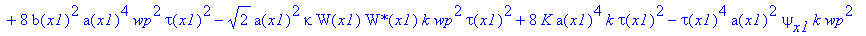 eq15 := a(x1)^2*tau(x1)^2*(`W*`(x1)*W[x1]-W(x1)*`W*`[x1])*I = -1/2*`W*`(x1)*W(x1)*(-4*b[x1]*a(x1)^4*k*wp^2*tau(x1)^2+2*wp^2*tau(x1)^2+8*b(x1)^2*a(x1)^4*wp^2*tau(x1)^2-2^(1/2)*a(x1)^2*kappa*W(x1)*`W*`(x...