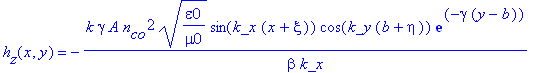 h[z](x,y) = -k*gamma*A*n[co]^2*(epsilon0/mu0)^(1/2)/beta/k_x*sin(k_x*(x+xi))*cos(k_y*(b+eta))*exp(-gamma*(y-b))