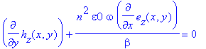 diff(h[z](x,y),y)+1/beta*n^2*epsilon0*omega*diff(e[z](x,y),x) = 0