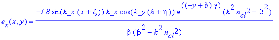 e[x](x,y) = -I*B*sin(k_x*(x+xi))*k_x*cos(k_y*(b+eta))*exp((-y+b)*gamma)/beta*(k^2*n[cl]^2-beta^2)/(beta^2-k^2*n[cl]^2)