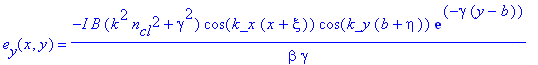 e[y](x,y) = -I*B*(k^2*n[cl]^2+gamma^2)/beta/gamma*cos(k_x*(x+xi))*cos(k_y*(b+eta))*exp(-gamma*(y-b))