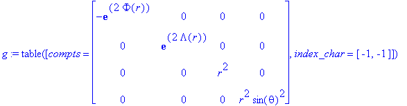 g := TABLE([compts = matrix([[-exp(2*Phi(r)), 0, 0,...
