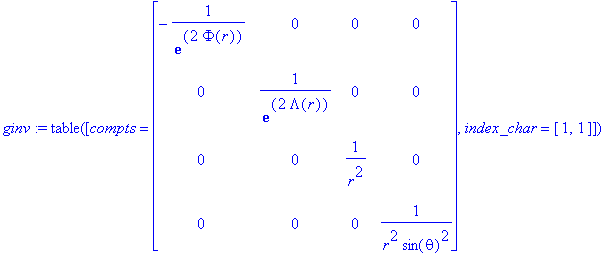 ginv := TABLE([compts = matrix([[-1/exp(2*Phi(r)), ...