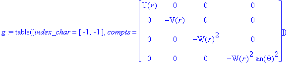 g := TABLE([index_char = [-1, -1], compts = matrix([[U(r), 0, 0, 0], [0, -V(r), 0, 0], [0, 0, -W(r)^2, 0], [0, 0, 0, -W(r)^2*sin(theta)^2]])])