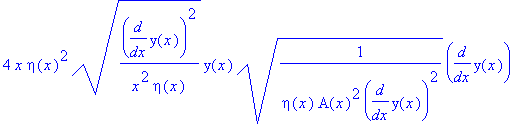 eq26 := 2*diff(y(x),x)^2*eta(x)-diff(y(x),x)^2*diff(eta(x),x)*x+2*diff(y(x),x)*diff(y(x),`$`(x,2))*x*eta(x) = 4*x*eta(x)^2*(1/x^2/eta(x)*diff(y(x),x)^2)^(1/2)*y(x)*(1/(eta(x)*A(x)^2*diff(y(x),x)^2))^(1...