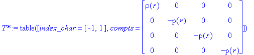 `T*` := TABLE([index_char = [-1, 1], compts = matrix([[rho(r), 0, 0, 0], [0, -p(r), 0, 0], [0, 0, -p(r), 0], [0, 0, 0, -p(r)]])])
