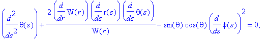 eqns := {diff(t(s),`$`(s,2))+1/U(r)*diff(U(r),r)*diff(t(s),s)*diff(r(s),s) = 0, diff(r(s),`$`(s,2))+1/2*diff(U(r),r)/V(r)*diff(t(s),s)^2+1/2*1/V(r)*diff(V(r),r)*diff(r(s),s)^2-1/V(r)*W(r)*diff(W(r),r)*...