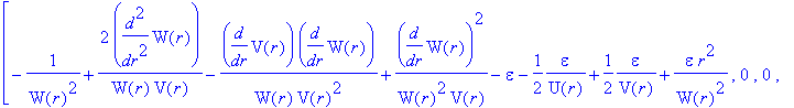 Lgvp := TABLE([index_char = [-1, 1], compts = matrix([[-1/(W(r)^2)+2/W(r)/V(r)*diff(W(r),`$`(r,2))-1/W(r)/V(r)^2*diff(V(r),r)*diff(W(r),r)+1/W(r)^2/V(r)*diff(W(r),r)^2-epsilon-1/2*1/U(r)*epsilon+1/2*1/...