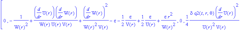 Lgvp := TABLE([index_char = [-1, 1], compts = matrix([[-1/(W(r)^2)+2/W(r)/V(r)*diff(W(r),`$`(r,2))-1/W(r)/V(r)^2*diff(V(r),r)*diff(W(r),r)+1/W(r)^2/V(r)*diff(W(r),r)^2-epsilon-1/2*1/U(r)*epsilon+1/2*1/...