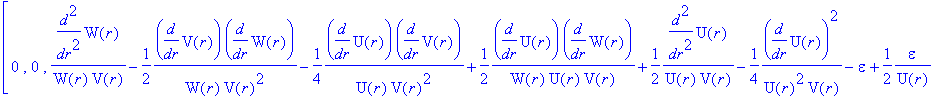 Lgvp := TABLE([index_char = [-1, 1], compts = matrix([[-1/(W(r)^2)+2/W(r)/V(r)*diff(W(r),`$`(r,2))-1/W(r)/V(r)^2*diff(V(r),r)*diff(W(r),r)+1/W(r)^2/V(r)*diff(W(r),r)^2-epsilon-1/2*1/U(r)*epsilon+1/2*1/...