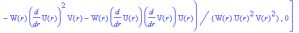 Estn := TABLE([index_char = [-1, 1], compts = matrix([[(2*W(r)*diff(W(r),`$`(r,2))*V(r)-diff(V(r),r)*W(r)*diff(W(r),r)-V(r)^2+V(r)*diff(W(r),r)^2)/W(r)^2/V(r)^2, 0, 0, 0], [0, -1/V(r)/U(r)*(-diff(U(r),...