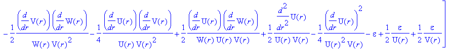 Lgvp := TABLE([index_char = [-1, 1], compts = matrix([[-1/(W(r)^2)+2/W(r)/V(r)*diff(W(r),`$`(r,2))-1/W(r)/V(r)^2*diff(V(r),r)*diff(W(r),r)+1/W(r)^2/V(r)*diff(W(r),r)^2-epsilon-1/2*1/U(r)*epsilon+1/2*1/...