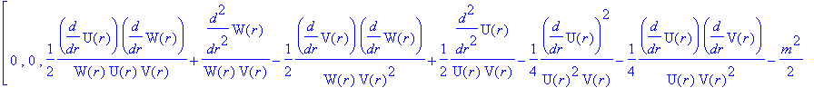 Lgv := TABLE([index_char = [-1, 1], compts = matrix([[2/W(r)/V(r)*diff(W(r),`$`(r,2))-1/W(r)/V(r)^2*diff(V(r),r)*diff(W(r),r)-1/(W(r)^2)+1/W(r)^2/V(r)*diff(W(r),r)^2-1/2*m^2-1/4*1/U(r)*m^2+1/4*1/V(r)*m...