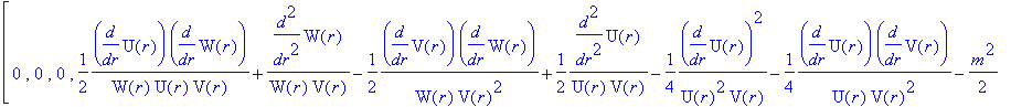 Lgv := TABLE([index_char = [-1, 1], compts = matrix([[2/W(r)/V(r)*diff(W(r),`$`(r,2))-1/W(r)/V(r)^2*diff(V(r),r)*diff(W(r),r)-1/(W(r)^2)+1/W(r)^2/V(r)*diff(W(r),r)^2-1/2*m^2-1/4*1/U(r)*m^2+1/4*1/V(r)*m...