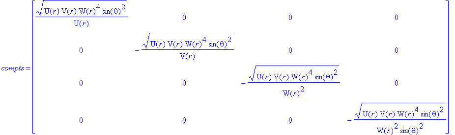 `g*` := TABLE([index_char = [1, 1], compts = matrix([[(U(r)*V(r)*W(r)^4*sin(theta)^2)^(1/2)/U(r), 0, 0, 0], [0, -(U(r)*V(r)*W(r)^4*sin(theta)^2)^(1/2)/V(r), 0, 0], [0, 0, -(U(r)*V(r)*W(r)^4*sin(theta)^...