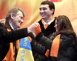 Viktor Yushchenko with former heavyweight boxing champion Vladimir Klitchko, and 2004 Eurovision Song Contest winner Ruslana - Kiev, November 2004.