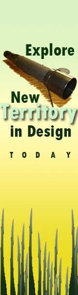 Explore new territory in design today:Banner with spotting scope above a yellow and green gradient and grass blades on the bottom