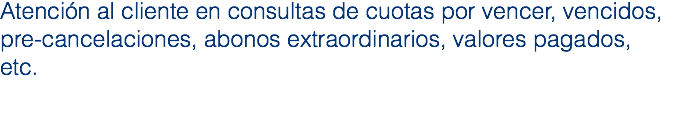 Atención al cliente en consultas de cuotas por vencer, vencidos, pre-cancelaciones, abonos extraordinarios, valores pagados, etc.