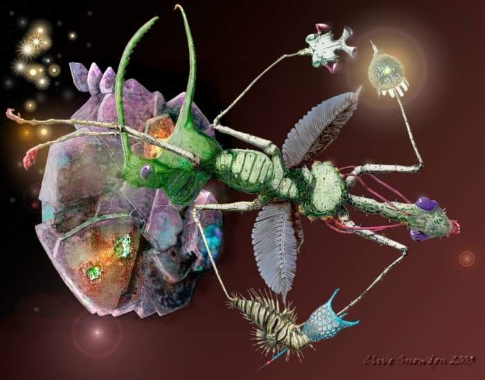 An organic push me/pull you, examines a crystal asteroid.