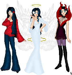 Brae, a character from my story Trainee Angel, in a normal outfit, a formal outfit and a unsual outfit.(She's called Quinette in the story atm)