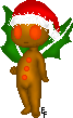A cute little gingerbread with a santa hat and holly wings.
