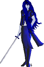  A monochrome doll with a sword.