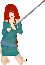 A sad, dirty girl with a bloody sword. 