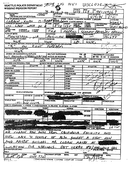 Police report filed that Kurt&nbsp; is missing.