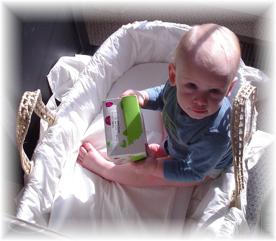 Aidan playing in the Moses basket...