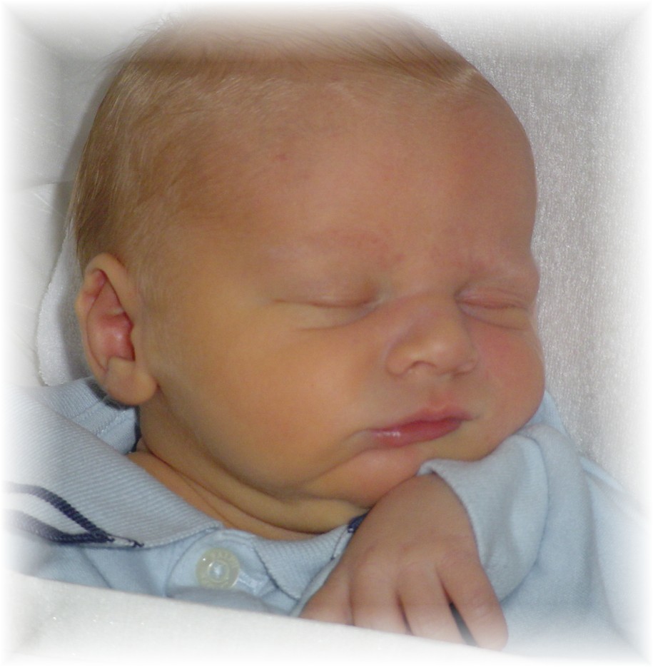 Close-up of John Paul sleeping in his basket.