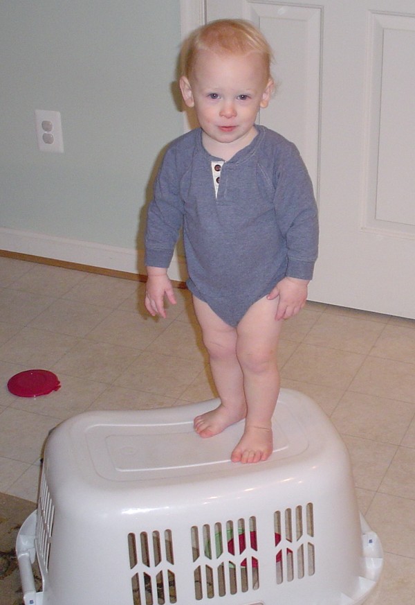 Aidan standing on laundry basket