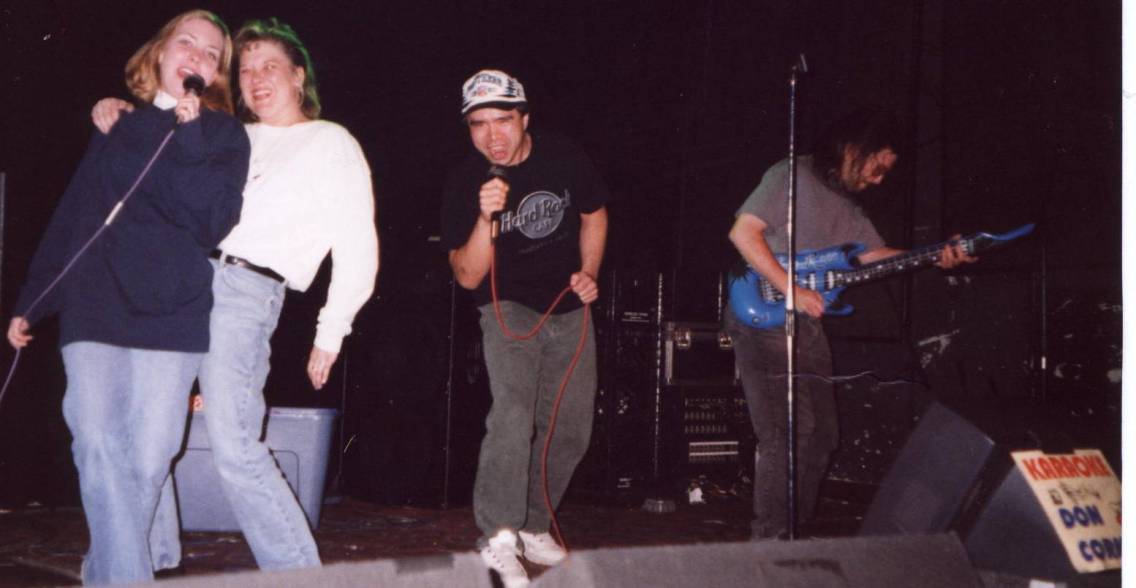 Stevo Trying to be an Opera Singer Wanna-Be with (Jumping Jazzy) Jeff on the Right and 2 Girls on the Left who Stevo Invited up to Share the Spotlight
