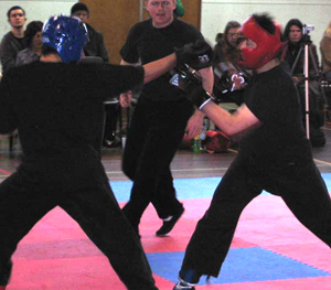 Ho (in red) brokes a punch during point sparring bout.