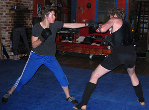 Sharky and Ollie spar during training.