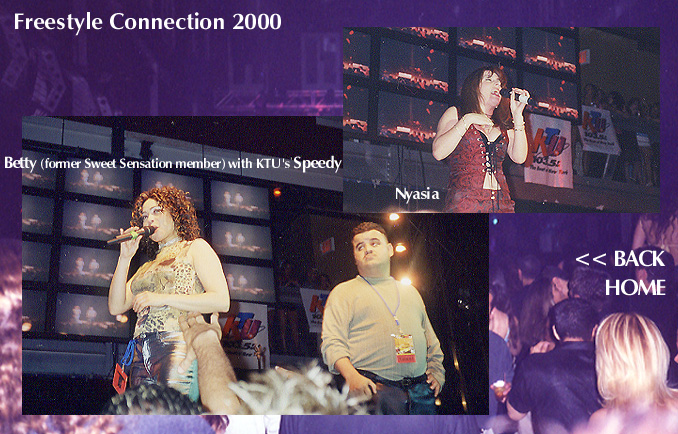 Photos of Betty (former Sweet Sensation member with KTU's Speedy and Nyasia performing at the Legends of Freestyle Concert, May 28, 2000
