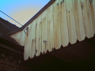 Canopy connection to building above roof edge.