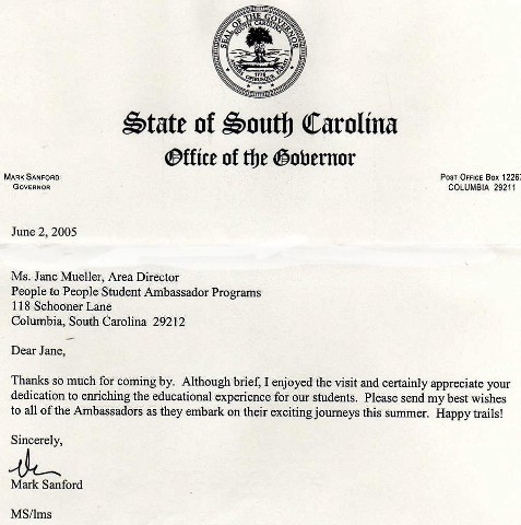 Previous letter of Thanks from the Governor for the delegations' visit