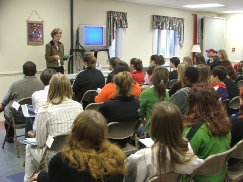 Delegation Leader Jane Mueller presenting the history of the Cold War and a time line leading up to it . . . 
