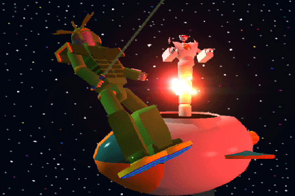 He hit him!, and now as the villian writhes in pain our hero retreats toward safety.