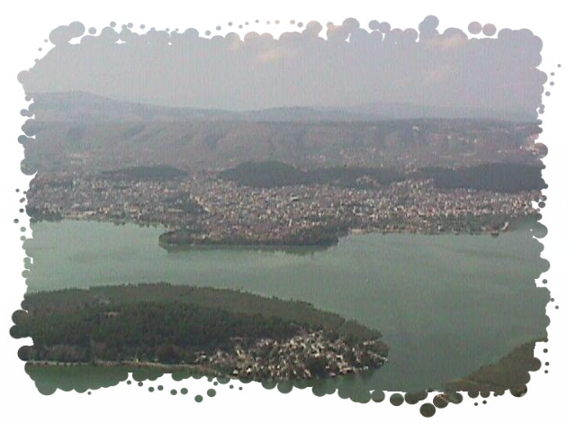 Aerial view of the Ioannina city and the lake Pamvotis's island