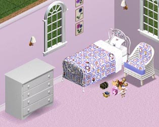 Plain White Dresser / White Wicker Chair / Scattered Toys