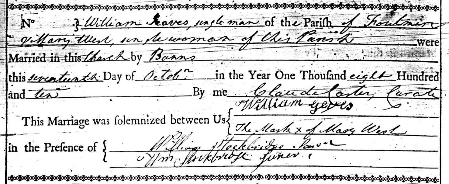 Marriage of William Geeves & Mary West