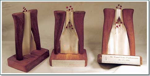 Obsequio del Instituto de Hemodinamia Rosario a sus graduados. Madera de cedro y plata texturada y esmaltada