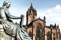 Robert Hume in foreground with statue of John Knox outside cathedral