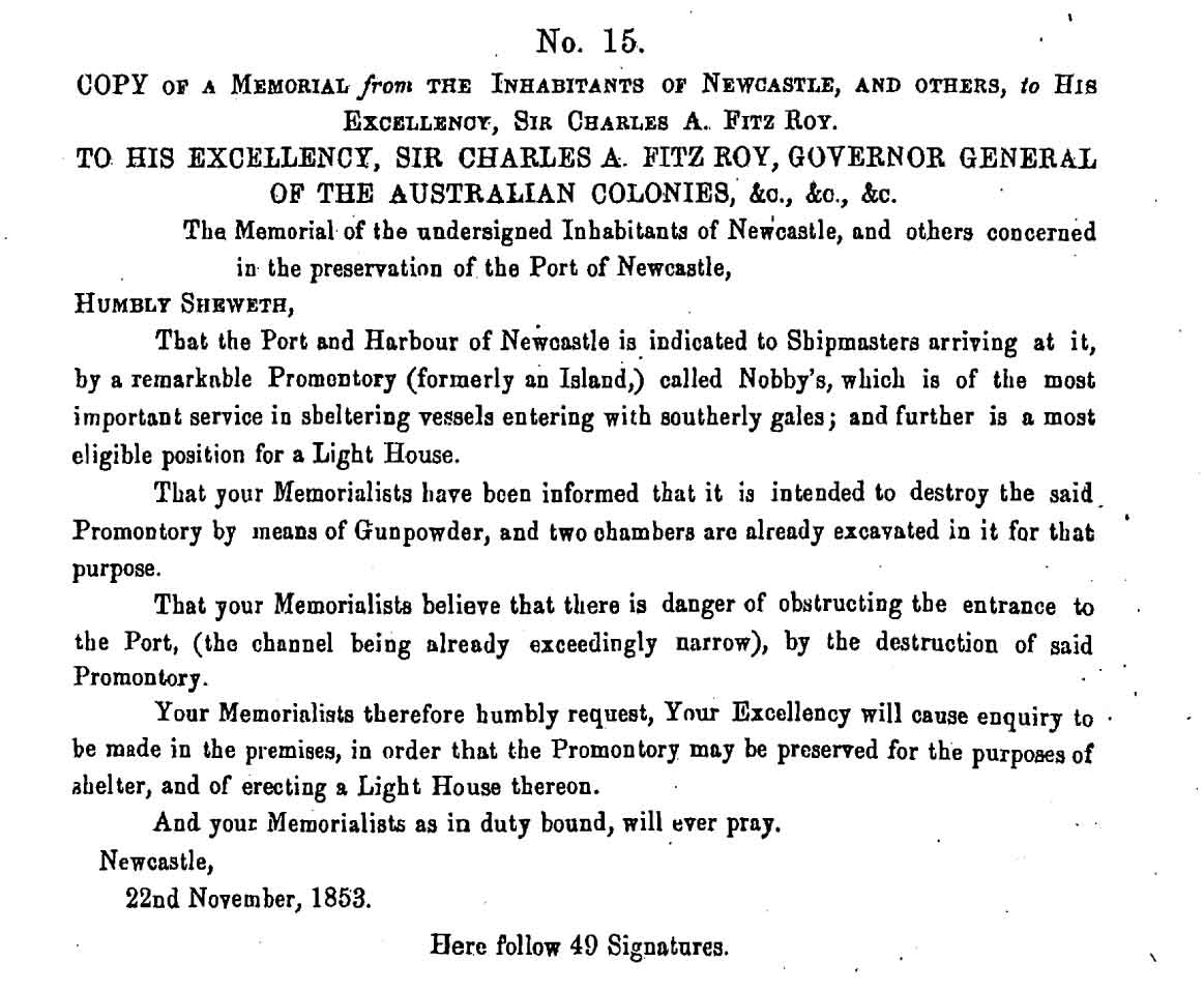 Petition from people of Newcastle that stopped Colonel Barney from blowing up Nobbys Nov. 1853