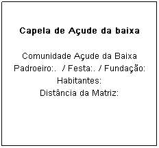 Caixa de texto: Capela de A&ccedil;ude da baixa
Comunidade A&ccedil;ude da Baixa
Padroeiro:.&nbsp; / Festa:. / Funda&ccedil;&atilde;o: 
Habitantes: 
Dist&acirc;ncia da Matriz: 
&nbsp;
