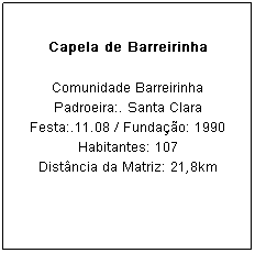 Caixa de texto: Capela de Barreirinha
Comunidade Barreirinha
Padroeira:. Santa Clara Festa:.11.08 / Funda&ccedil;&atilde;o: 1990
Habitantes: 107
Dist&acirc;ncia da Matriz: 21,8km
&nbsp;
