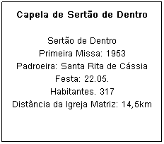 Caixa de texto: Capela de Sert&atilde;o de Dentro
Sert&atilde;o de Dentro
Primeira Missa: 1953
Padroeira: Santa Rita de C&aacute;ssia Festa: 22.05.
Habitantes. 317
Dist&acirc;ncia da Igreja Matriz: 14,5km
&nbsp;

