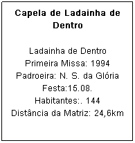 Caixa de texto: Capela de Ladainha de Dentro
Ladainha de Dentro
Primeira Missa: 1994
Padroeira: N. S. da Gl&oacute;ria Festa:15.08.
Habitantes:. 144
Dist&acirc;ncia da Matriz: 24,6km
&nbsp;
